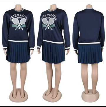 2 Piece Tennis Outfit Long Sleeve Top Pleated Skort Set