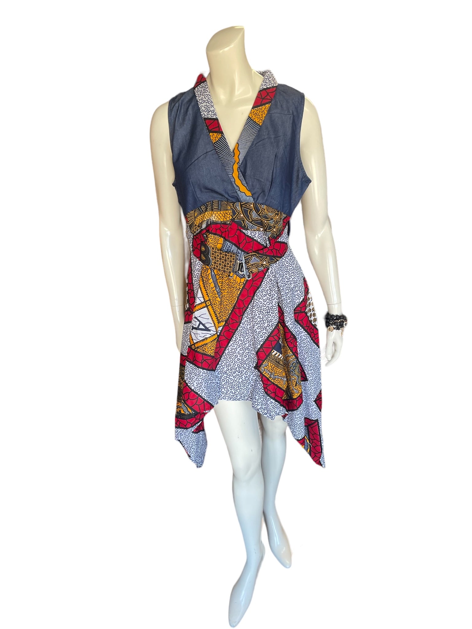 Women's African Sleeveless Asymmetric Jean Dress With Headwrap