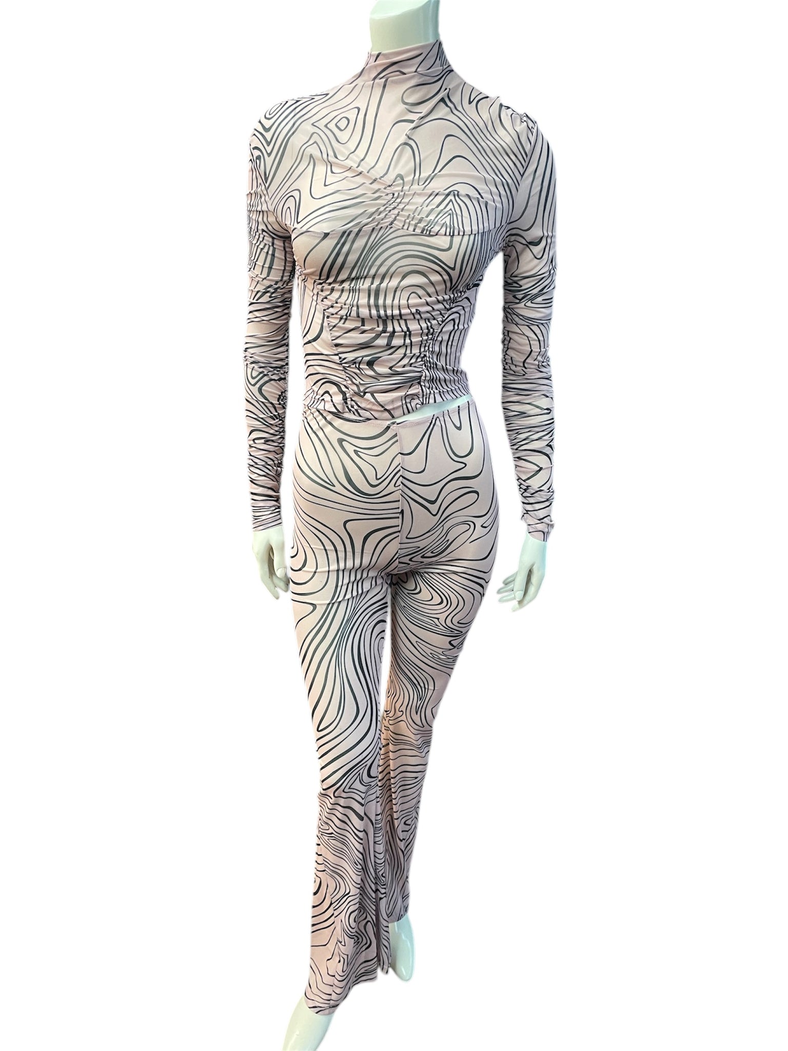 Pink and Black Fitted Long Sleeve Swirl Patterned Runched Round Neck Top and Flare Leg Pants 2 Piece Mesh Set.