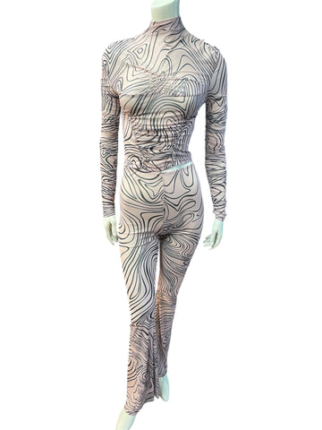 Pink and Black Fitted Long Sleeve Swirl Patterned Runched Round Neck Top and Flare Leg Pants 2 Piece Mesh Set.