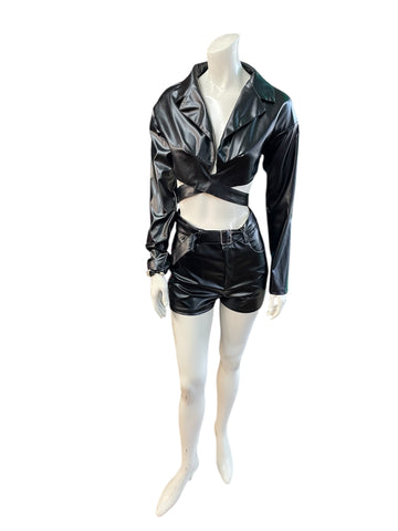 Leather 2 Piece High Waisted Shorts and Long Sleeve Crop Top Set