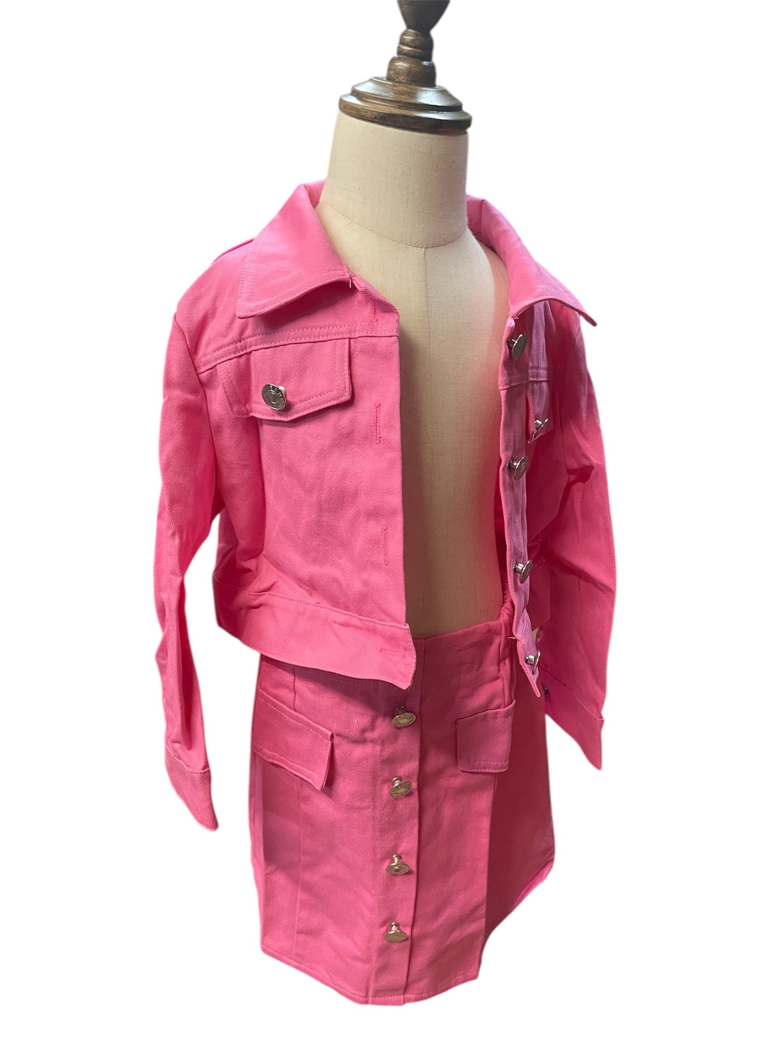 Cute Little Kids Pink Jean Jacket and Jean Skirt Set