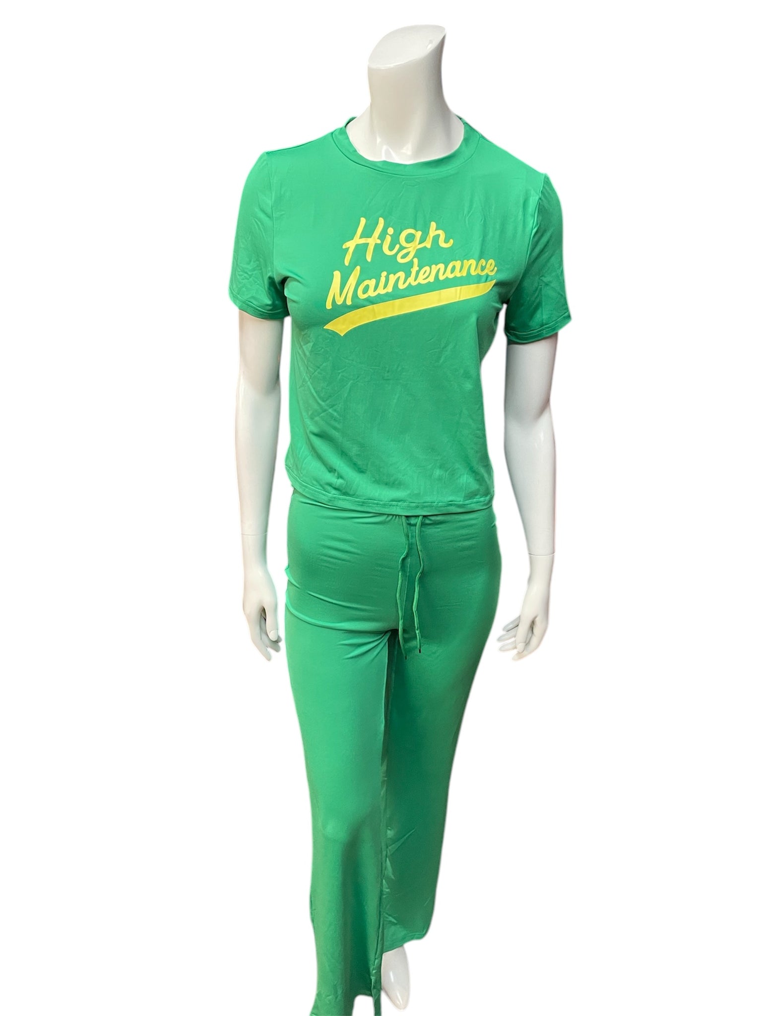 2 Piece High Maintenance Green and Gold Top and High Waisted Flare Pants Set