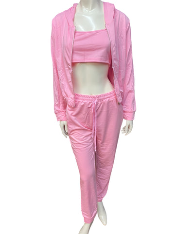 3 Piece Long Sleeve Zip Up Jacket and Long Pants Track Suit Set With Cami Crop Top Lounge