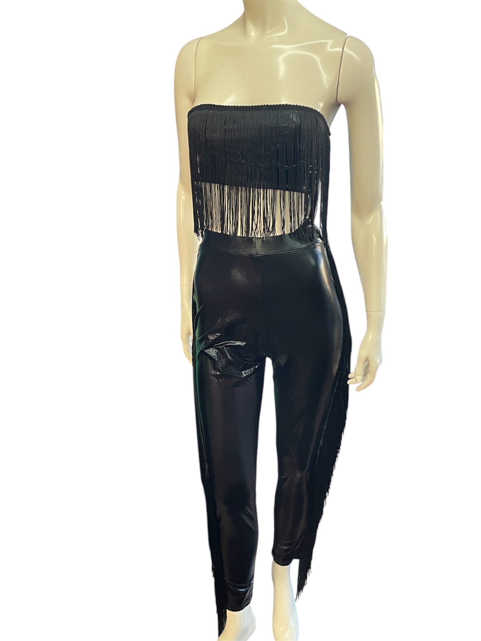 Black 2 Piece Fitted Bandeau and Pants Leather Tassel Set