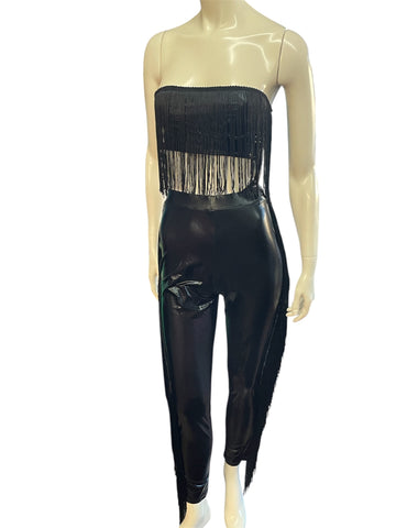 Black 2 Piece Fitted Bandeau and Pants Leather Tassel Set