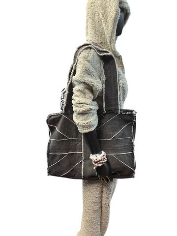 Denim Shoulder Tote Bag Dark Wash Black-Grey