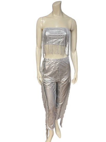 Silver 2 Piece Fitted Bandeau and Pants Leather Tassel Set