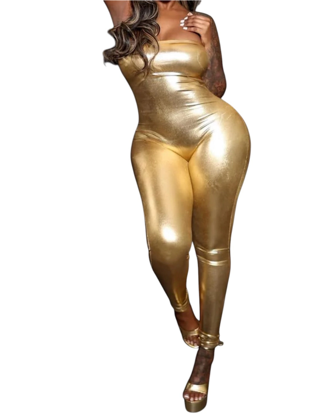 Metallic Gold Strapless One Piece Long Fitted Jumpsuit