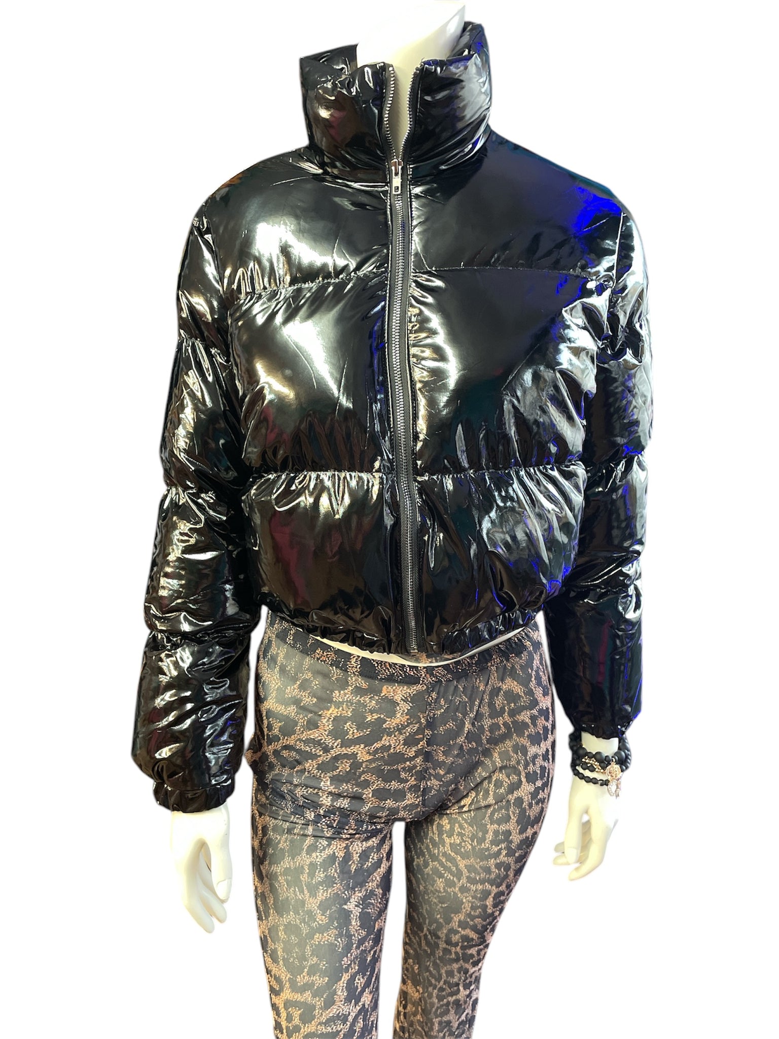 Shiny Black Cropped Long Sleeve Zip-Up Puffer Jacket