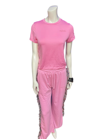 Pink That Girl Short Sleeve and Flared Long Pants Tassel Set