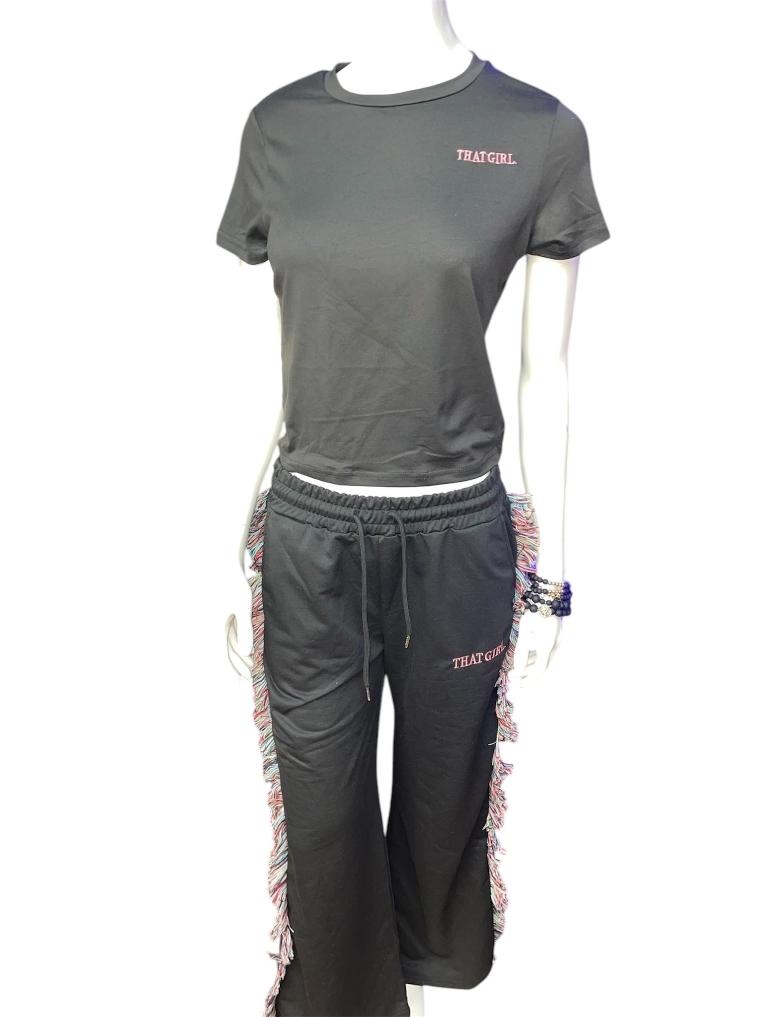 Black That Girl Short Sleeve Shirt and Flared Long Pants Tassel Set