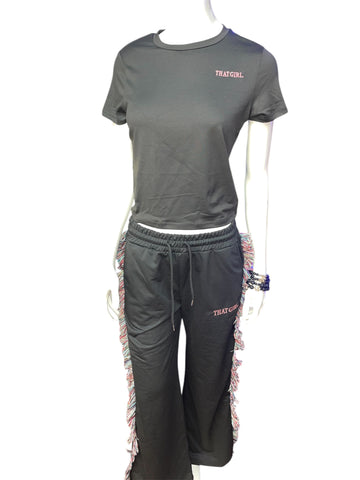 Black That Girl Short Sleeve Shirt and Flared Long Pants Tassel Set