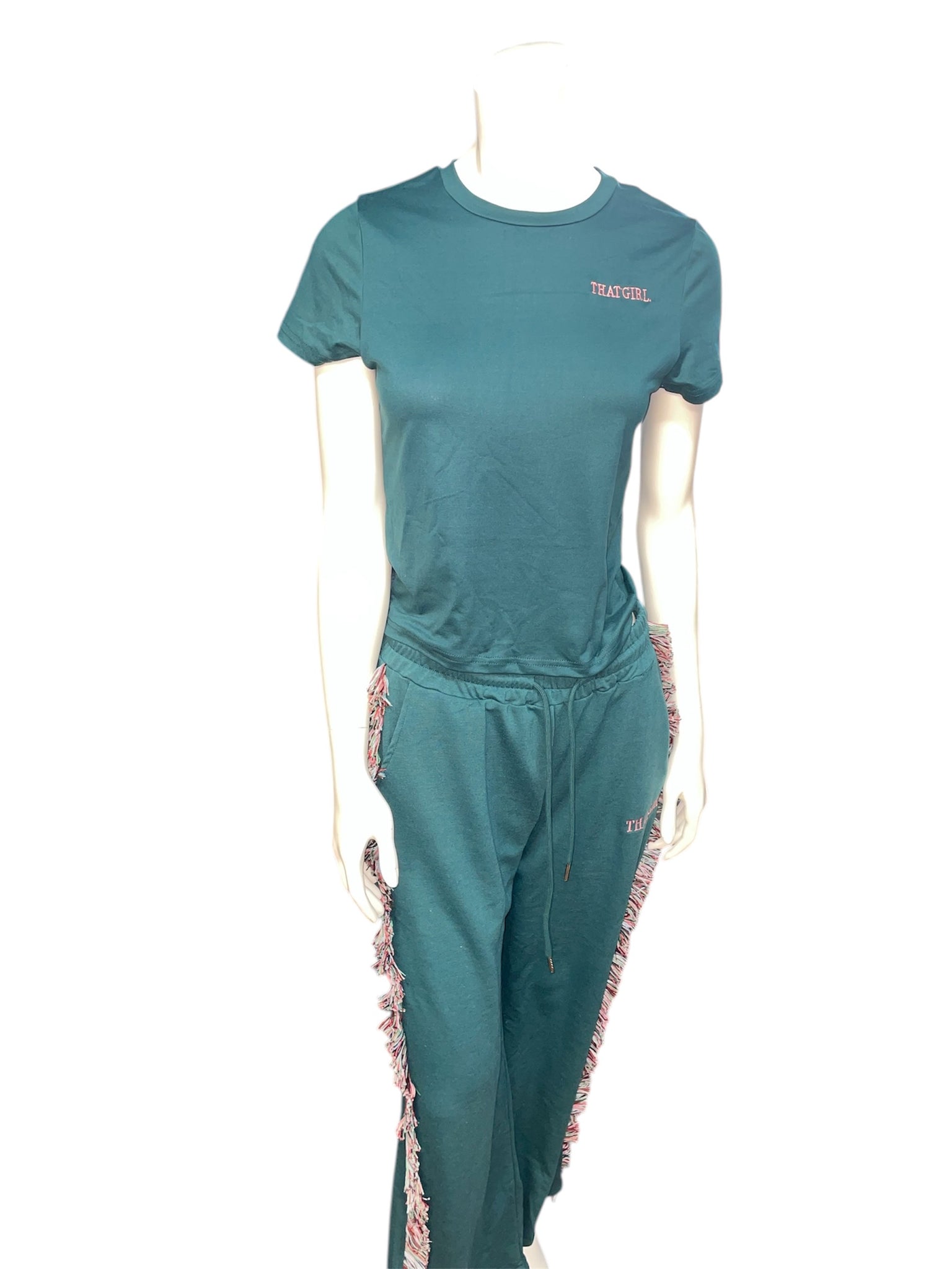 Dark Green That Girl Short Sleeve and Long Pants Tassel Set
