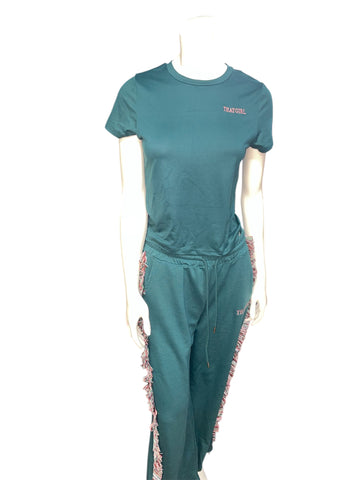 Dark Green That Girl Short Sleeve and Long Pants Tassel Set