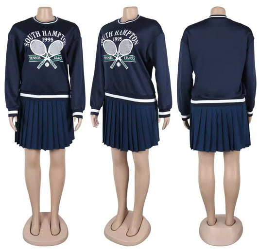 2 Piece Tennis Outfit Long Sleeve Top Pleated Skort Set