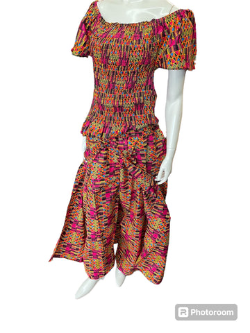 African Shirred 2 Piece Off the Shoulder Top and Long Skort