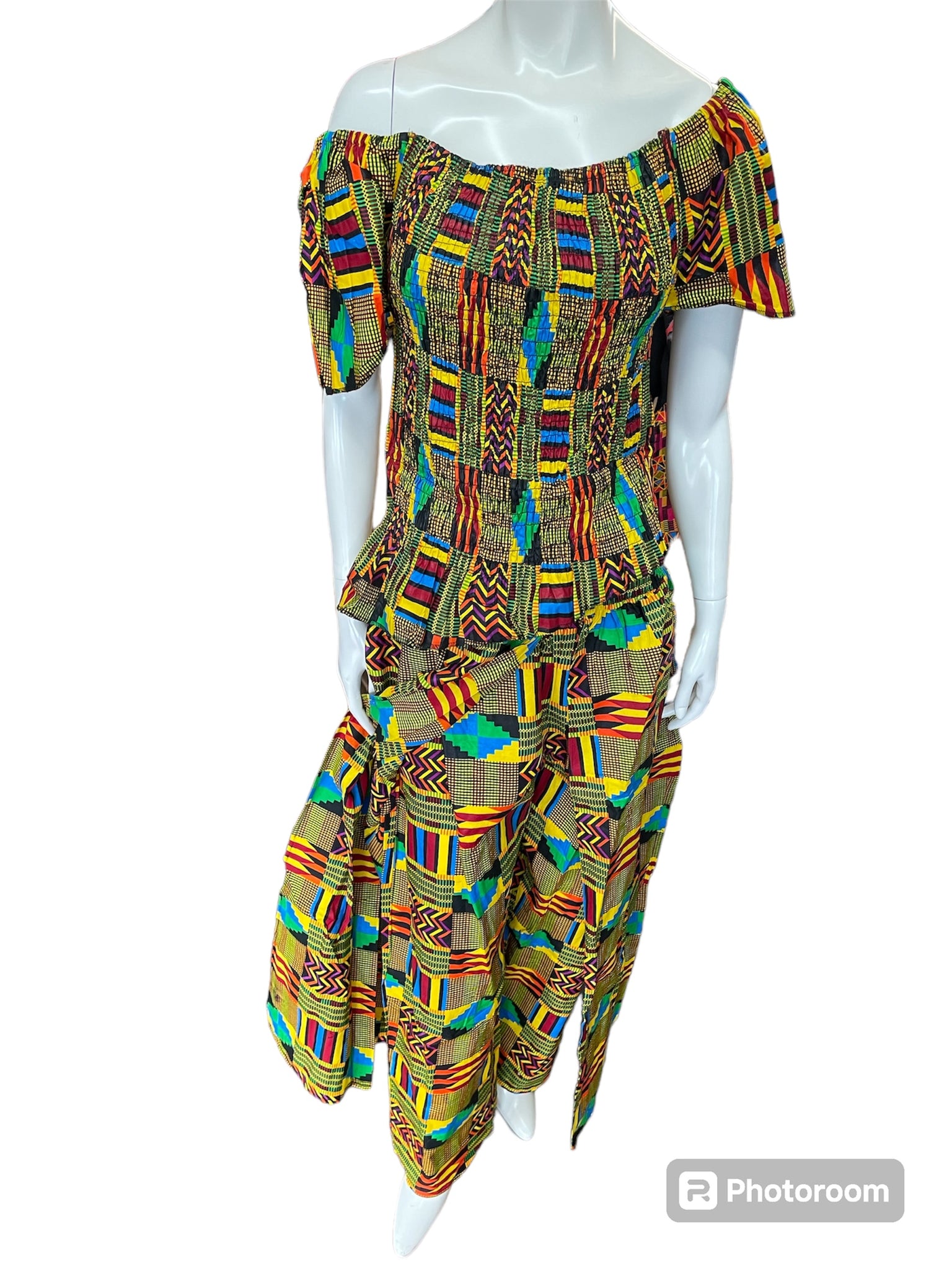 African Shirred 2 Piece Off the Shoulder Top and Long Skort