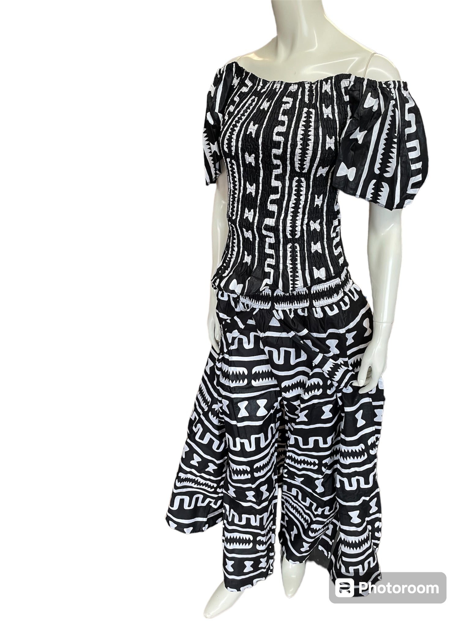 African Shirred 2 Piece Off the Shoulder Top and Long Skort
