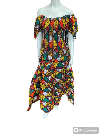 African Shirred 2 Piece Off the Shoulder Top and Long Skort