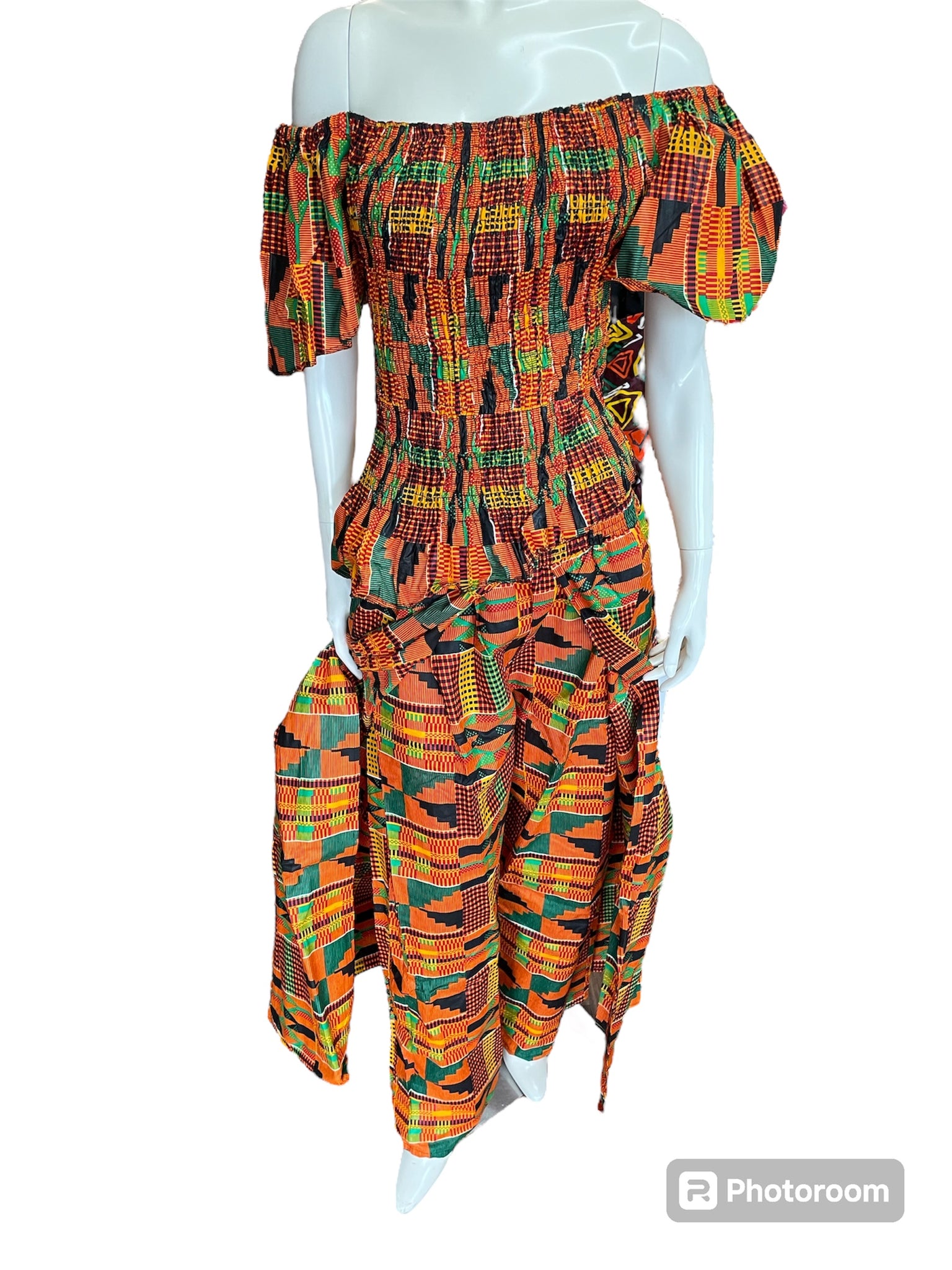 African Shirred 2 Piece Off the Shoulder Top and Long Skort