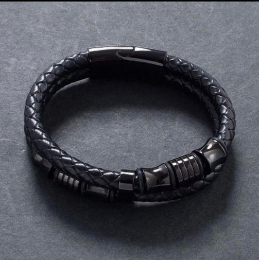 Men's Jewelry Black Stainless Steel Clasp Wristband Fashion Bangle (Woven Leather)