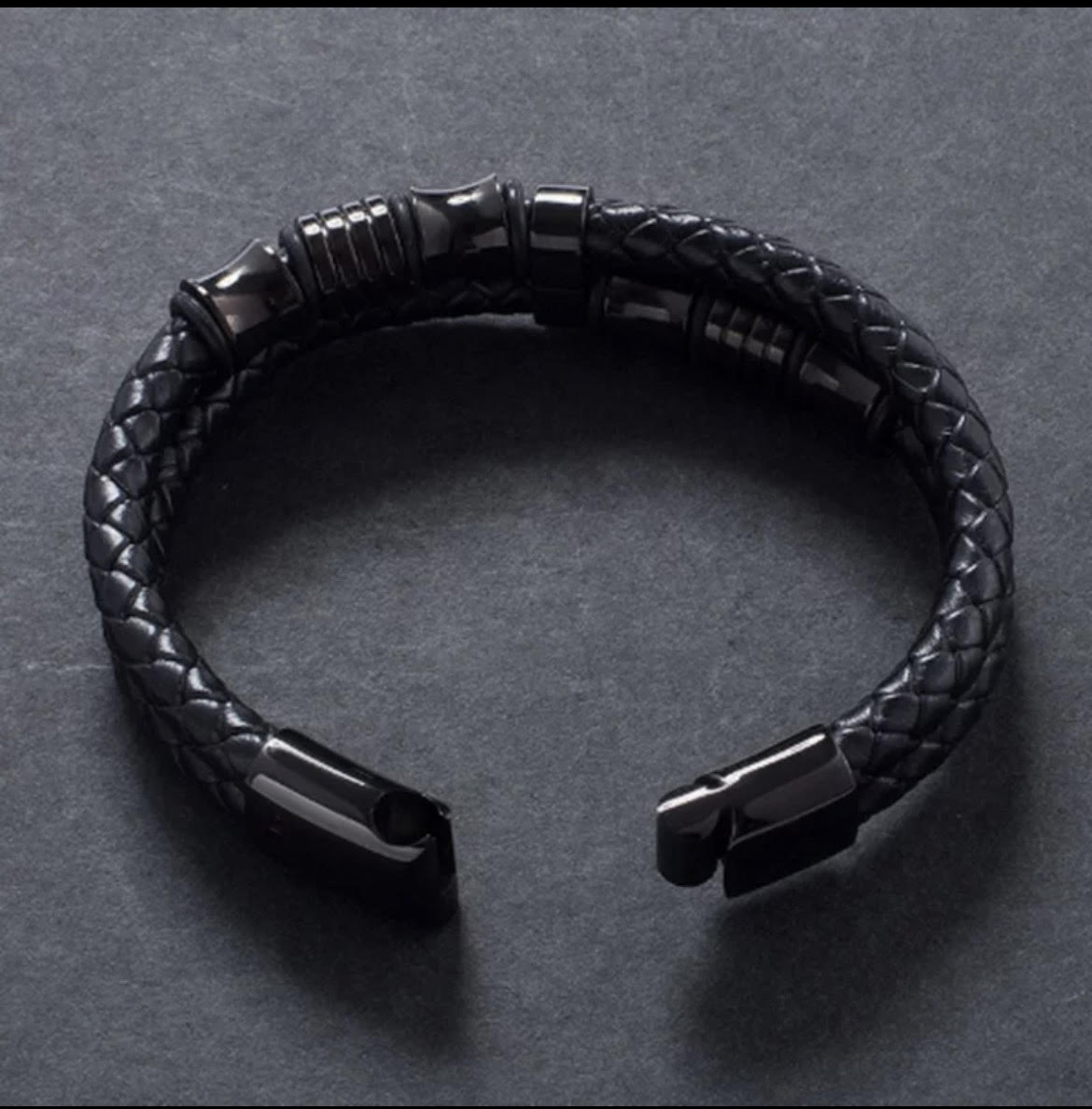 Men's Jewelry Black Stainless Steel Clasp Wristband Fashion Bangle (Woven Leather)