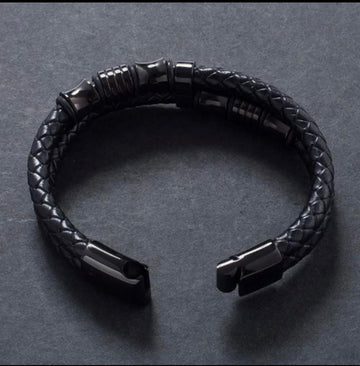 Men's Jewelry Black Stainless Steel Clasp Wristband Fashion Bangle (Woven Leather)